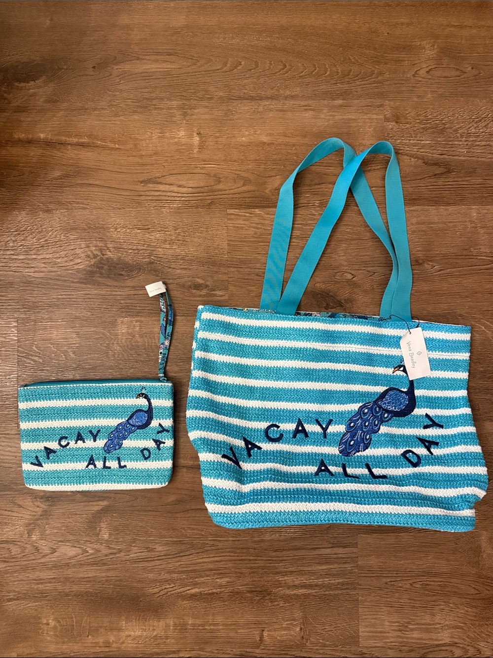 Vera Bradley Turquoise & White Striped Tote with Wristlet NWT
